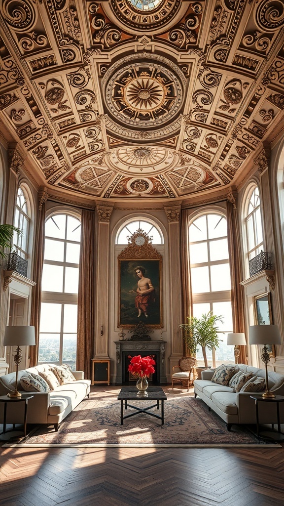 Ein luxuriöser Raum mit kunstvoller Decke, großen Fenstern und eleganter Einrichtung.