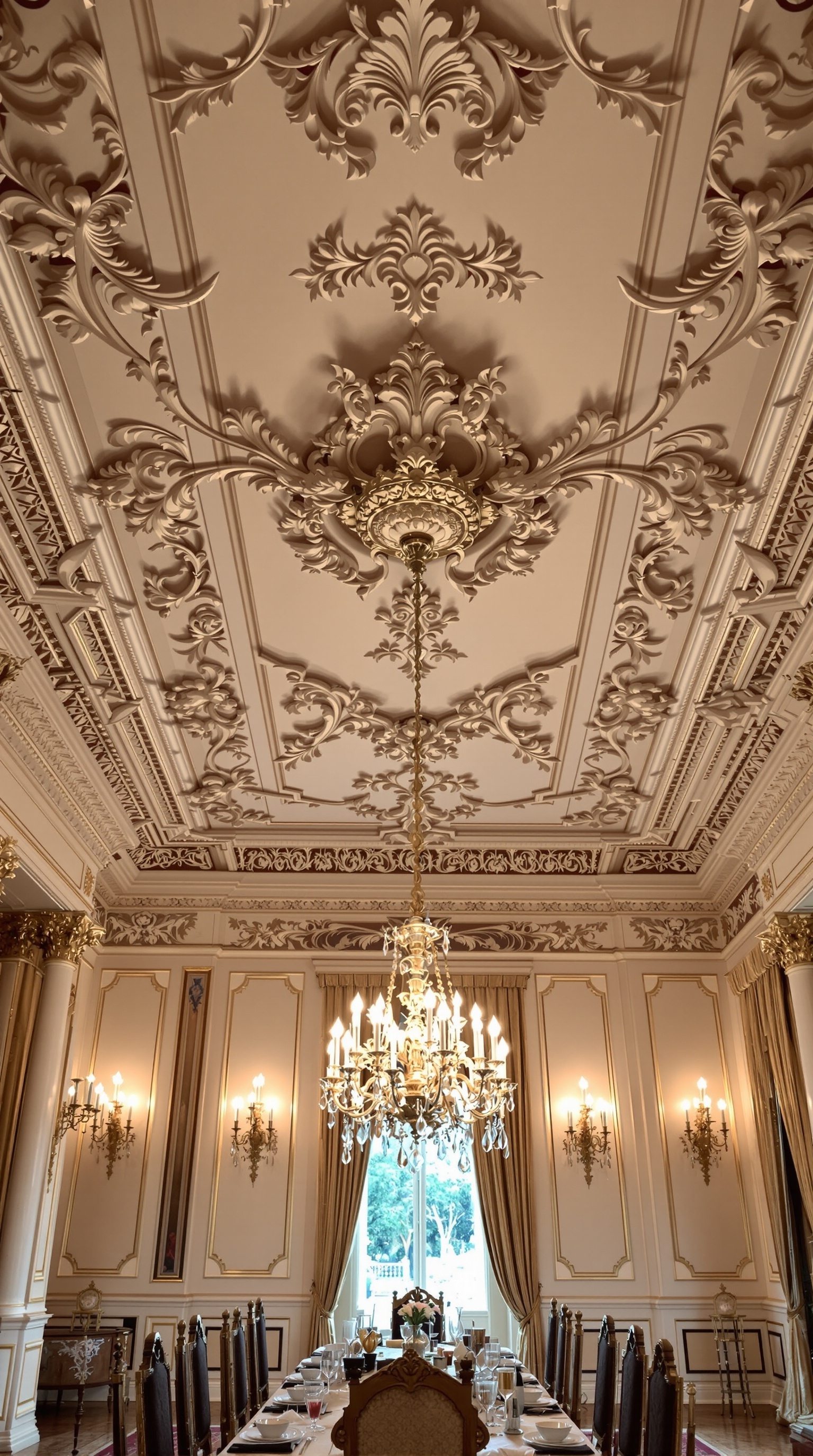 Luxuriöse Deckenverzierungen in einem eleganten Raum mit Meerblick