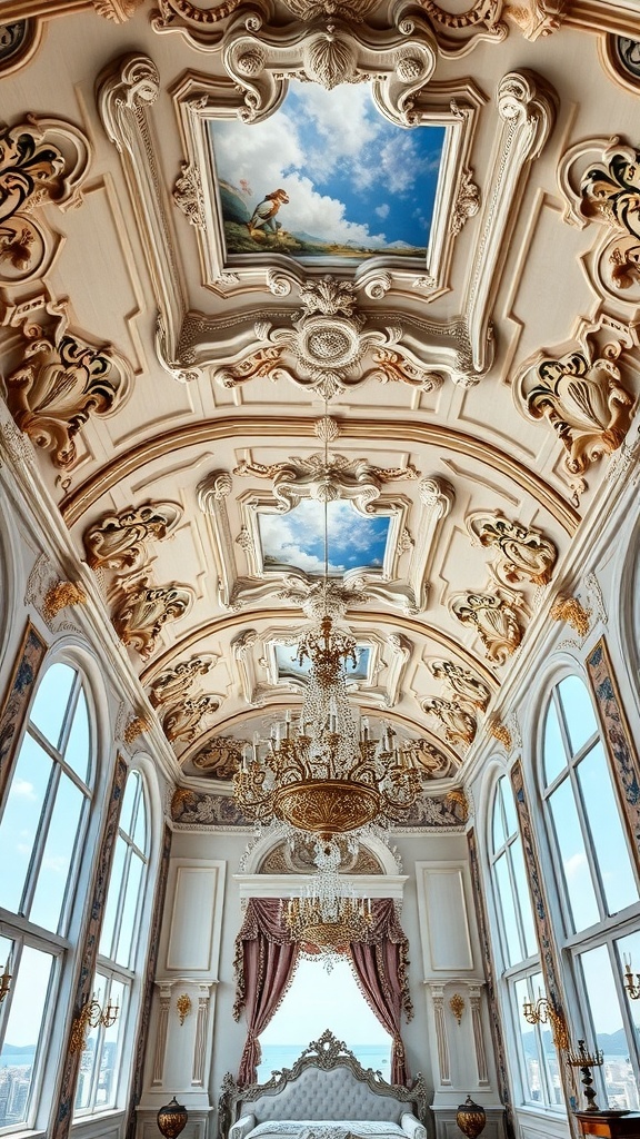 Luxuriöses Schlafzimmer mit kunstvoller Deckenverzierung im Rokoko-Stil
