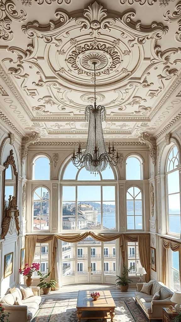 Kunstvolle Deckenverzierungen in einem Rococo-Wohnzimmer mit einem Kronleuchter und großen Fenstern