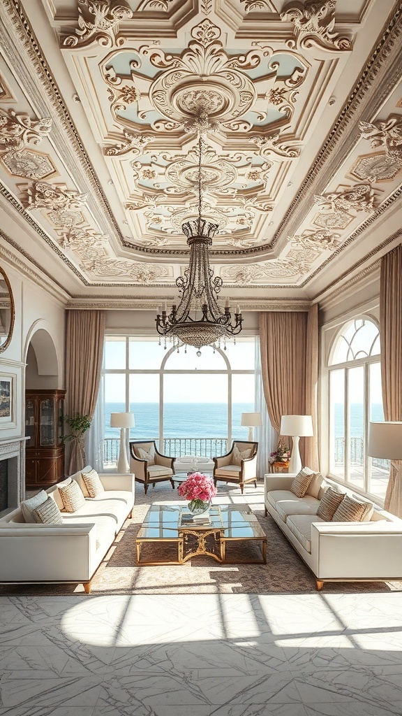 Luxuriöses Wohnzimmer mit kunstvoller Deckenverzierung und Meerblick