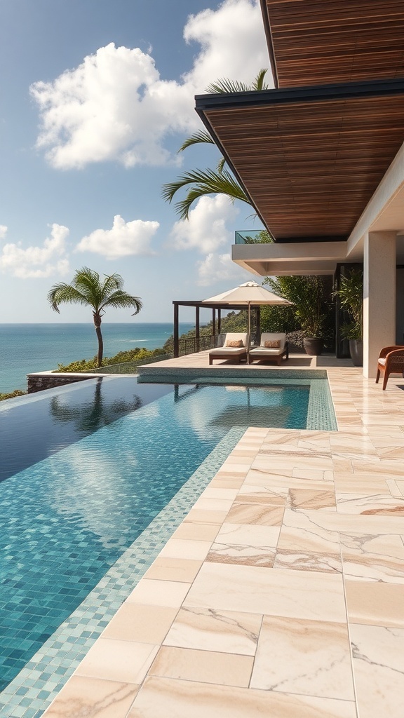 Ein luxuriöser Vitality Pool mit kunstvollen Fliesen und einem atemberaubenden Ausblick auf das Meer.