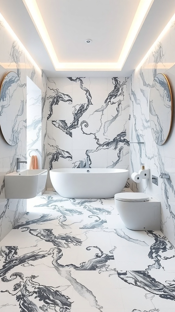 Luxuriöses Badezimmer mit kunstvollen Fliesenmustern in Schwarz und Weiß, freistehender Badewanne und modernen Spiegeln.
