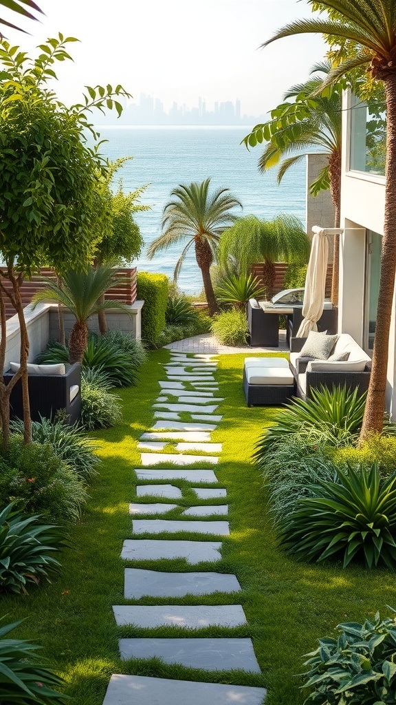 Ein kunstvoll angelegter Gartenweg mit Steinplatten, umgeben von üppigem Gras und Pflanzen.