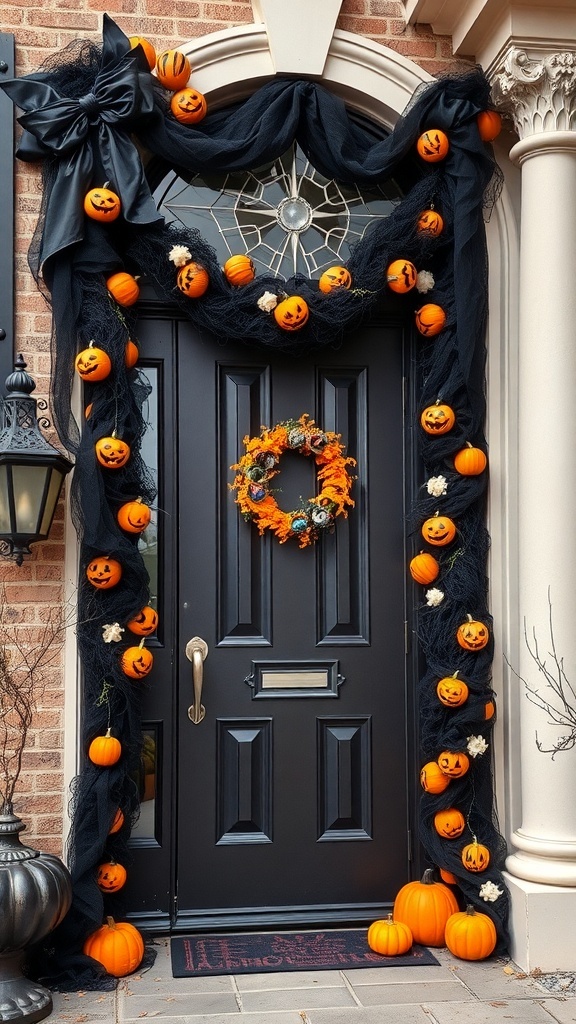 Eine kunstvolle Halloween-Girlande aus schwarzen Spinnweben und orangefarbenen Kürbissen, die eine Tür umrahmt, mit einer Laterne darüber und Kürbissen am Boden.