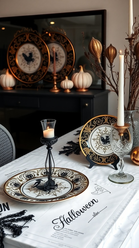 Elegante Halloween-Teller mit goldenen Verzierungen und Kürbissen auf einem Tisch