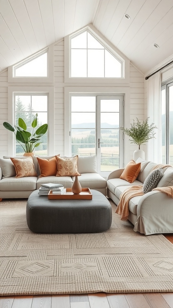 Gemütliches Wohnzimmer im Bauernhausstil mit kunstvollen Kissen auf einem hellen Sofa.