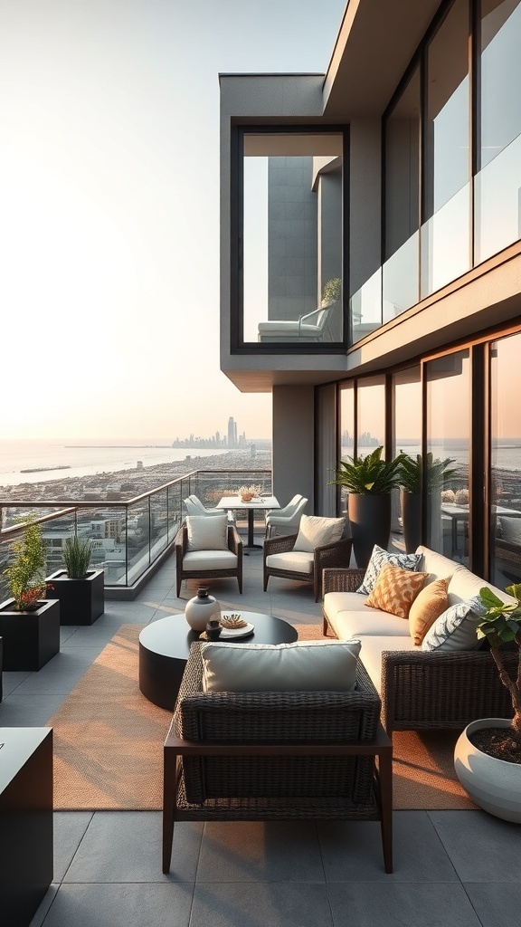 Moderne Dachterrasse mit stilvollen Möbeln und Blick auf die Stadt