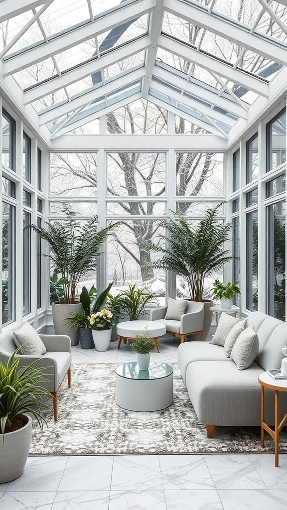 Ein moderner Wintergarten mit hellen Möbeln und Pflanzen.