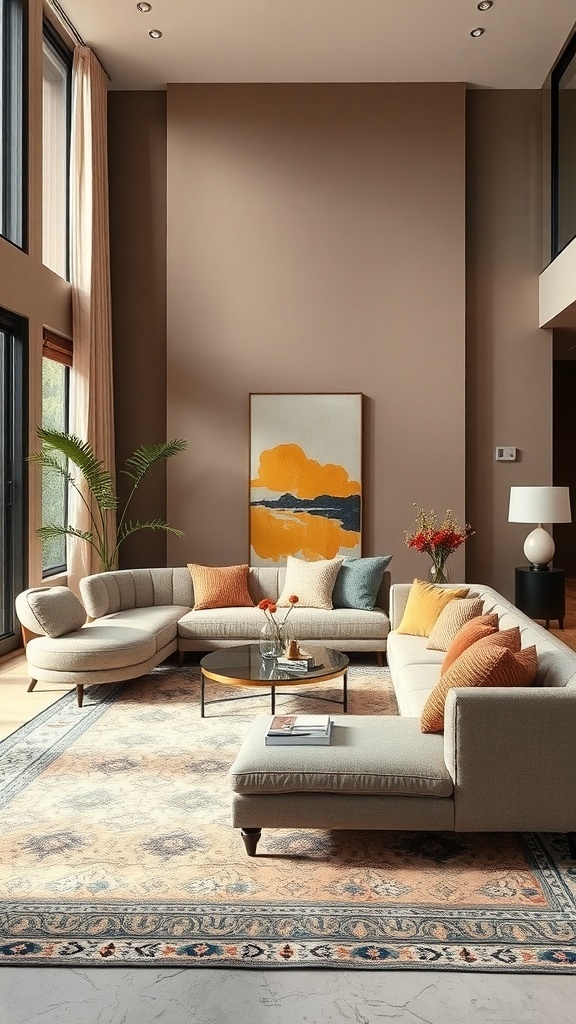 Ein stilvolles Wohnzimmer mit einem geschwungenen Sofa, bunten Kissen und einem runden Couchtisch, ergänzt durch ein Kunstwerk an der Wand.