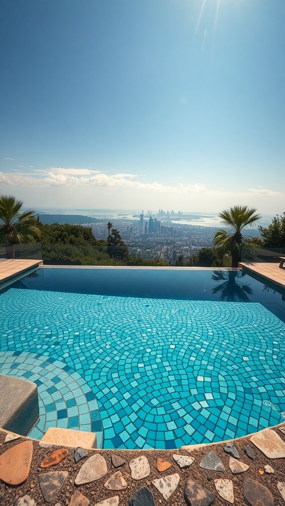 Ein Pool mit bunten Mosaiksteinen und Blick auf die Stadt
