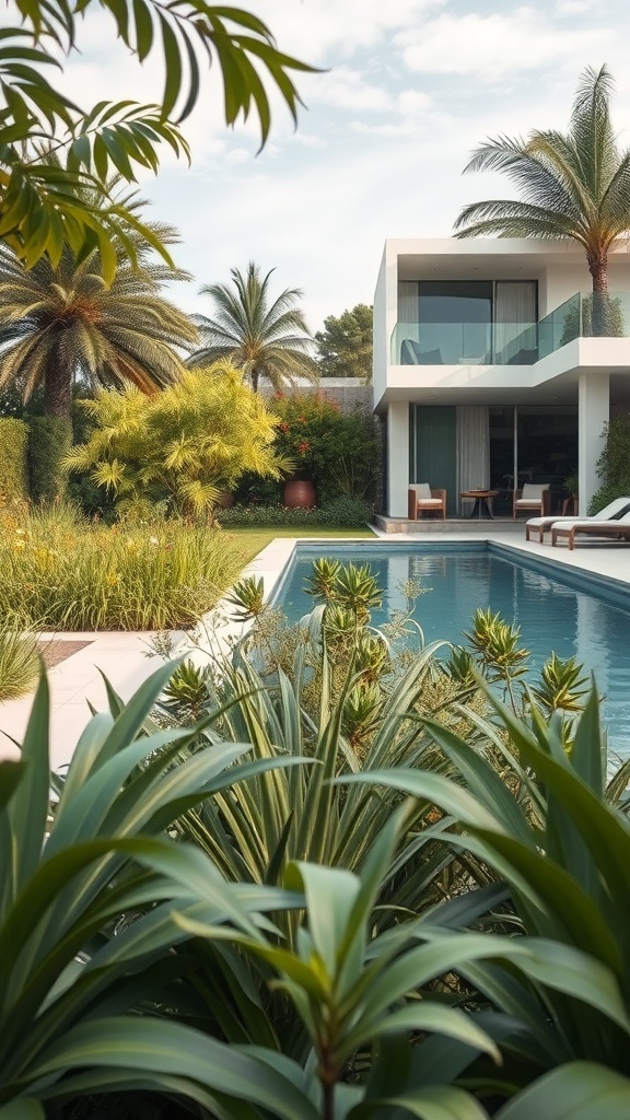 Ein moderner Poolbereich mit üppiger Pflanzenlandschaft und einem modernen Haus im Hintergrund.