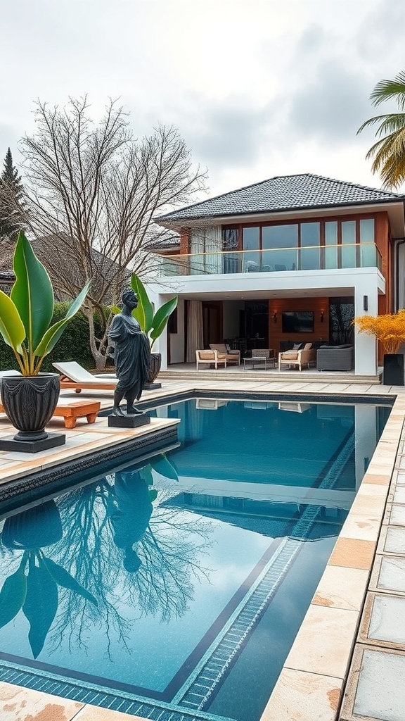 Ein eleganter Pool mit einer Statue und Pflanzen, die eine stilvolle Atmosphäre schaffen.