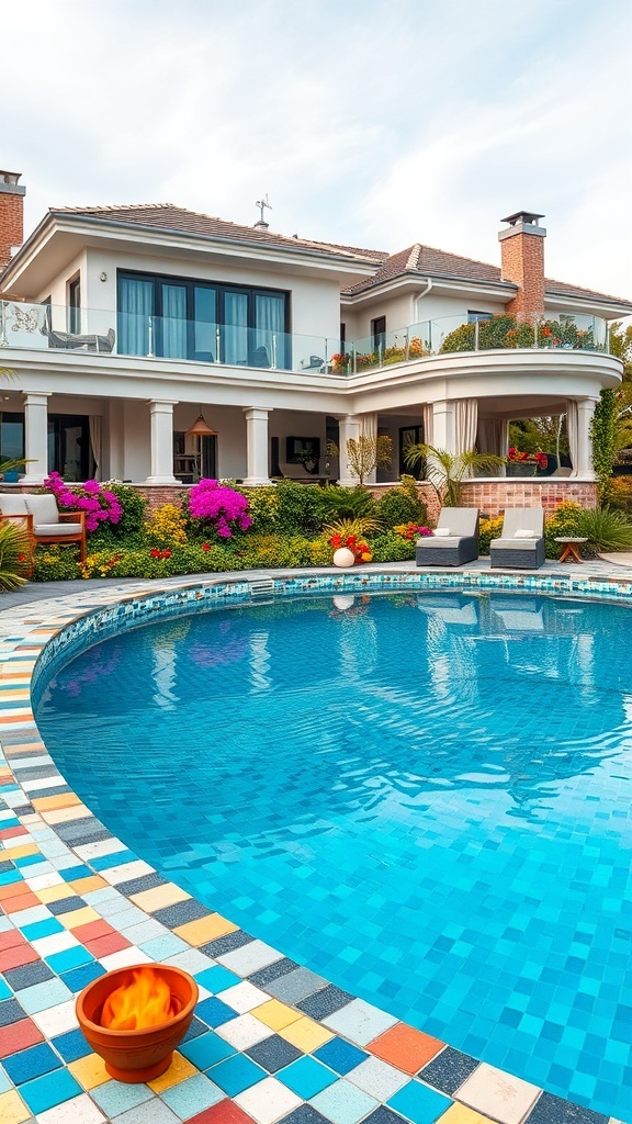 Ein stilvoller Pool mit bunten Fliesen und einem Feuerkorb, umgeben von Pflanzen und einem modernen Haus.