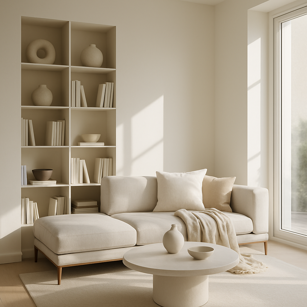 Ein minimalistisches Wohnzimmer mit einem Regal voller Bücher und dekorativen Objekten, einem beigen Sofa und einem runden Tisch.