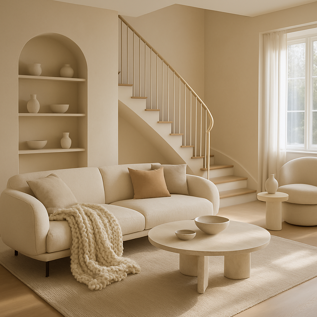 Modernes Wohnzimmer mit kunstvollen Regalen und gemütlichem Sofa