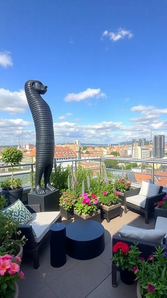 Eine schwarze Skulptur eines stilisierten Löwen auf einem Dachgarten mit bunten Blumen und modernen Möbeln.