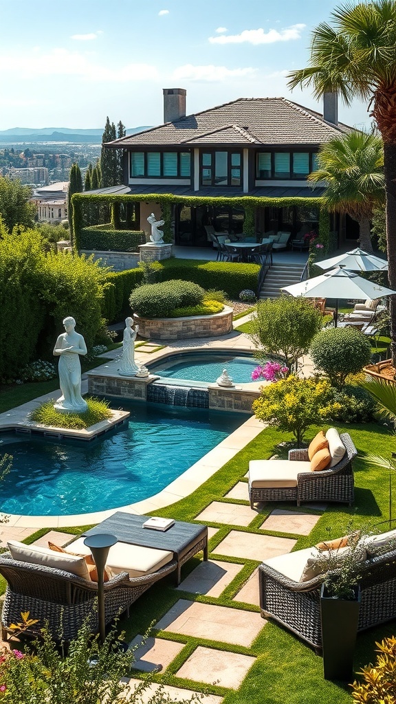Ein luxuriöser Garten mit Skulpturen, einem Pool und gemütlichen Sitzbereichen.
