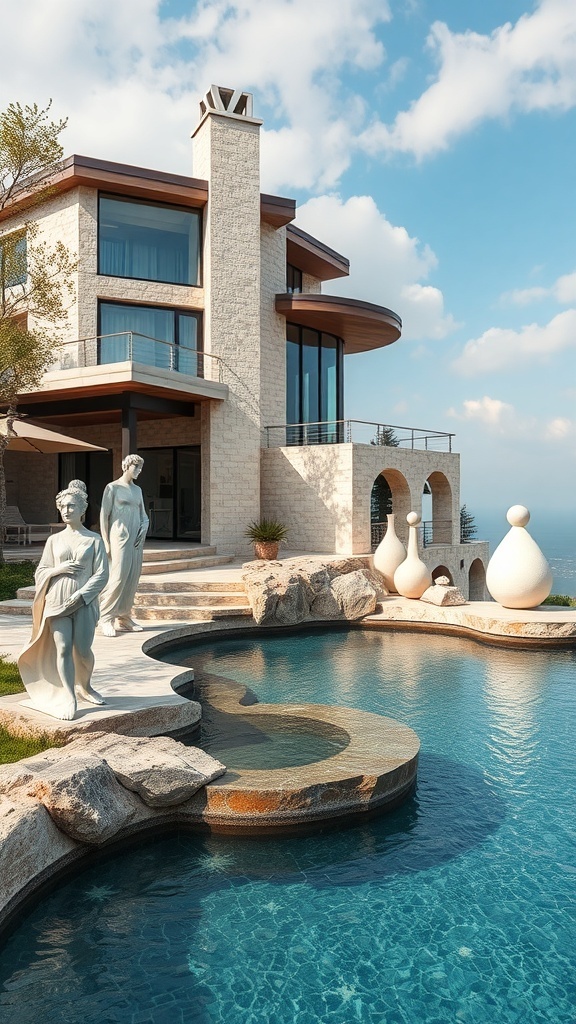 Ein moderner Naturpool mit Skulpturen und Dekorationen, umgeben von einem eleganten Haus.