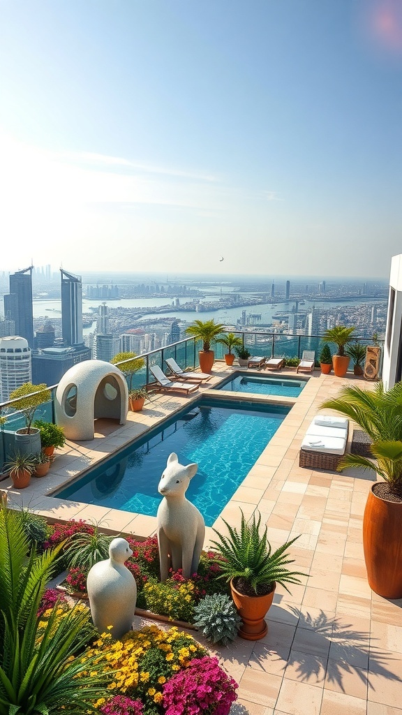 Luxuriöse Dachterrasse mit Pool, Skulpturen und bunten Pflanzen