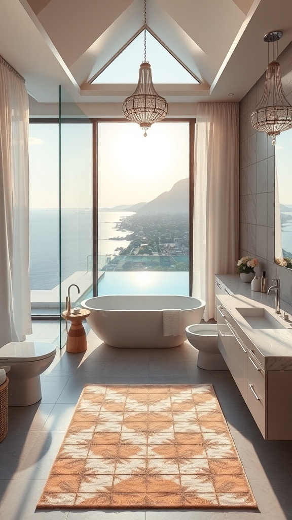 Luxuriöses Badezimmer mit Blick auf das Meer, ausgestattet mit einem eleganten Badewanne und stilvollen Spiegeln.