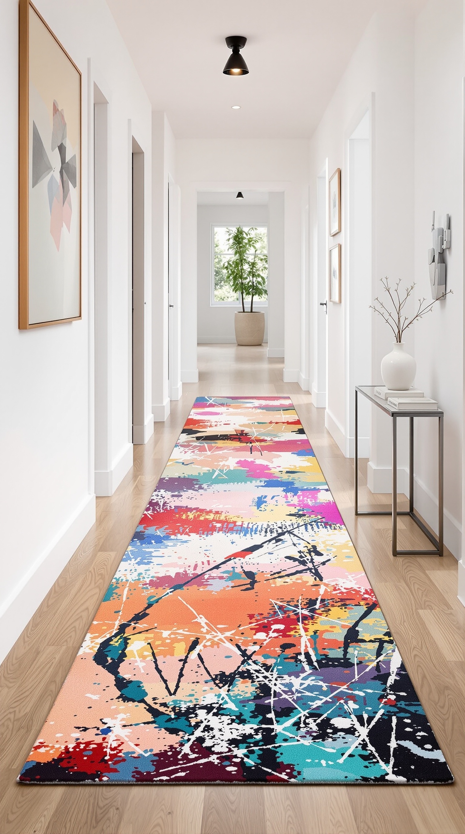 Heller Flur mit kunstvollem Teppich, moderner Bank und eleganter Deckenleuchte
