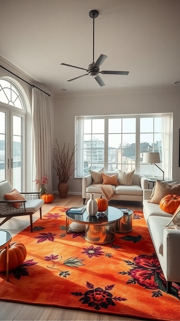 Ein Wohnzimmer mit einem orangefarbenen Teppich mit floralen Mustern, neutralen Sofas und herbstlichen Dekorationen.