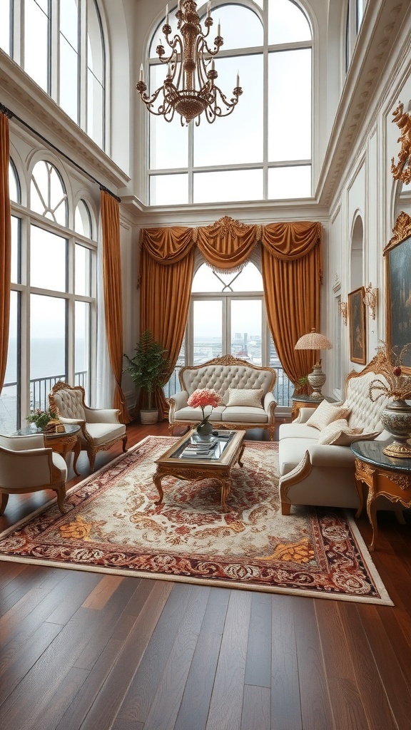 Luxuriöses Wohnzimmer im Rococo-Stil mit kunstvollem Teppich