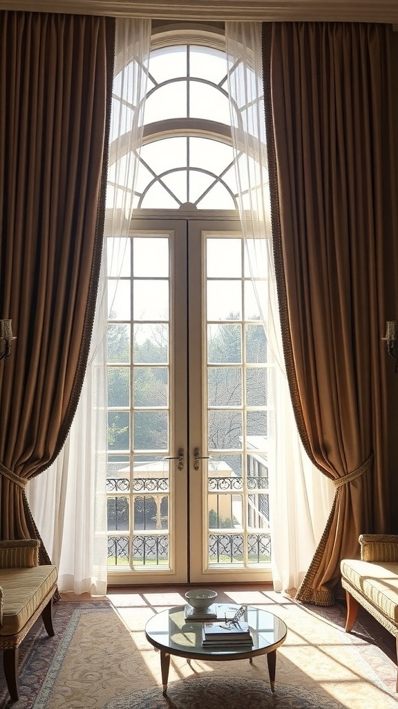Helles Wohnzimmer mit großen Fenstern und eleganten Vorhängen