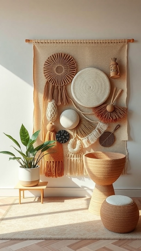 Kunstvolle Wandbehänge aus Naturmaterialien in Erdtönen, kombiniert mit Pflanzen und modernen Möbeln.