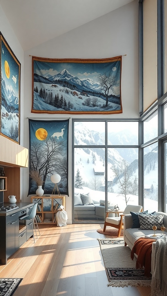 Winterliche Wandbehänge in einem modernen Wohnzimmer mit großen Fenstern und Blick auf die verschneite Landschaft.