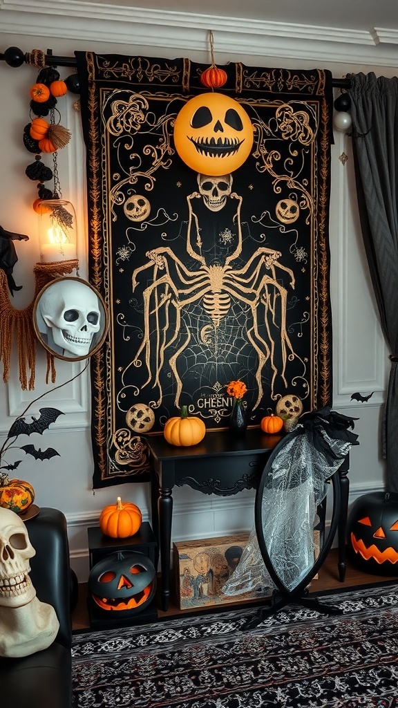 Ein kunstvoller Wandbehang mit Spinnenmotiv und Halloween-Dekoration