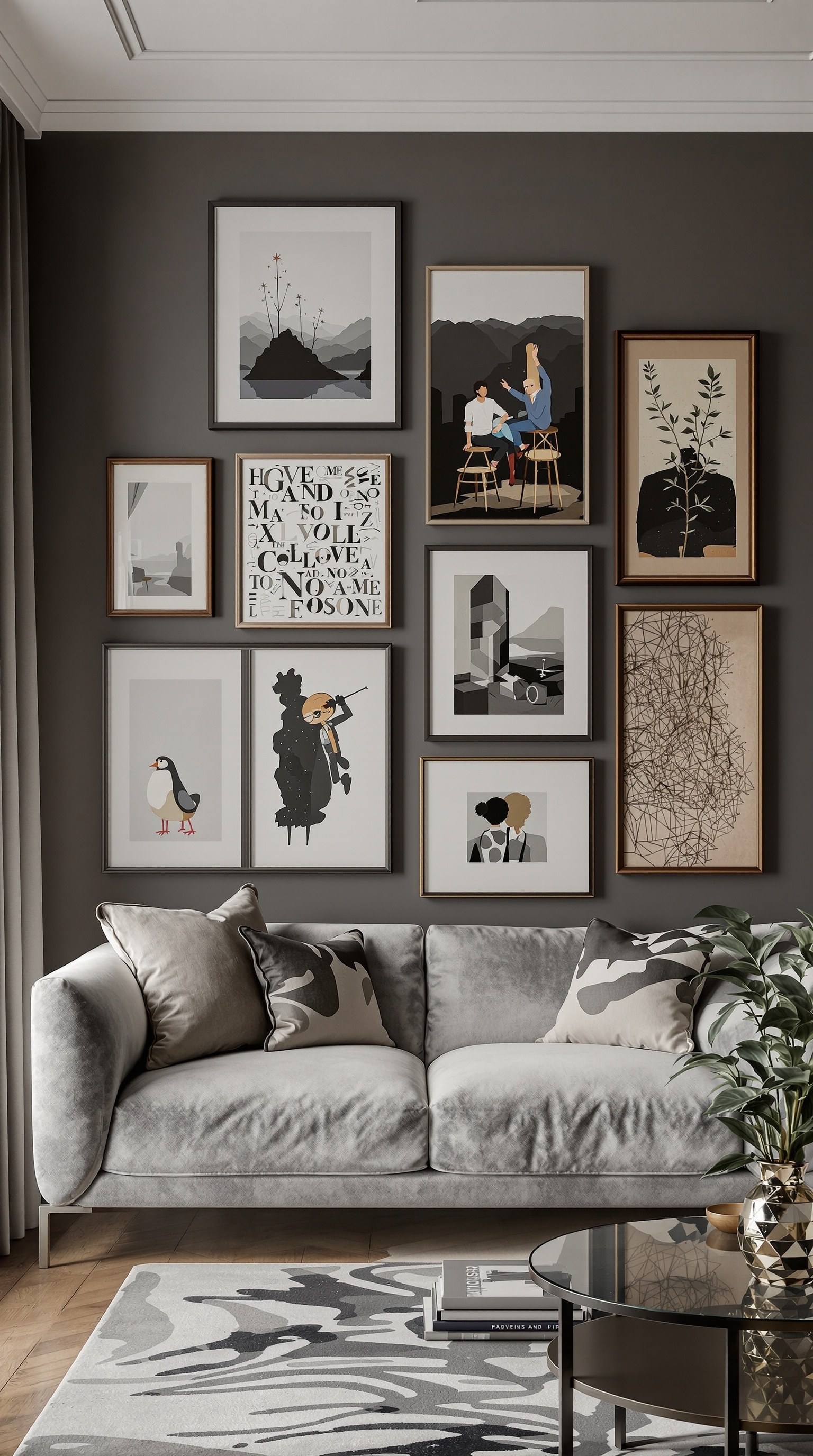 Ein stilvolles Wohnzimmer mit Kunstwerken an der Wand, einem beigen Sofa und einem runden Tisch.