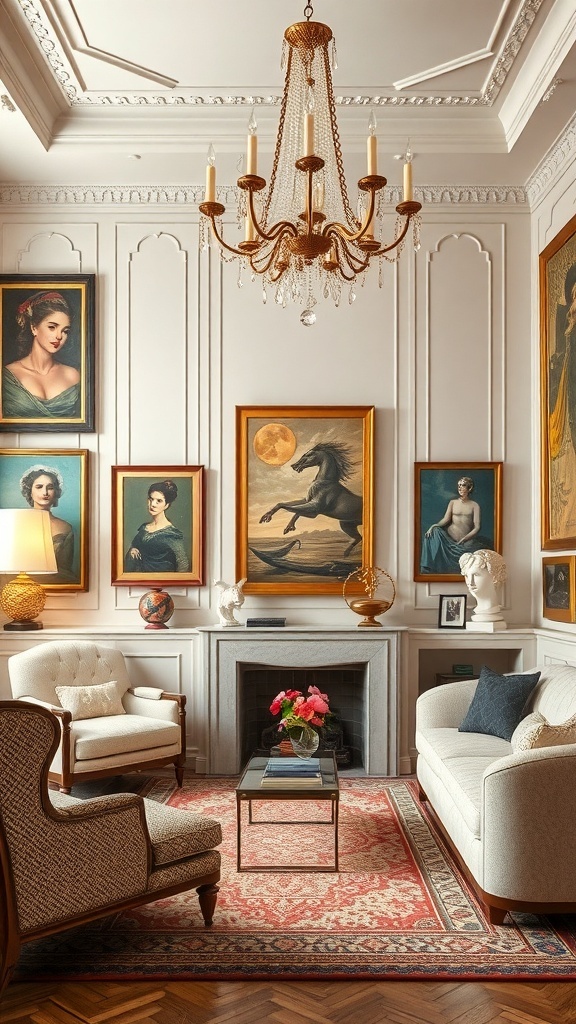 Ein elegantes Wohnzimmer mit kunstvollen Wanddekorationen, darunter Porträts in goldenen Rahmen und ein Kronleuchter.