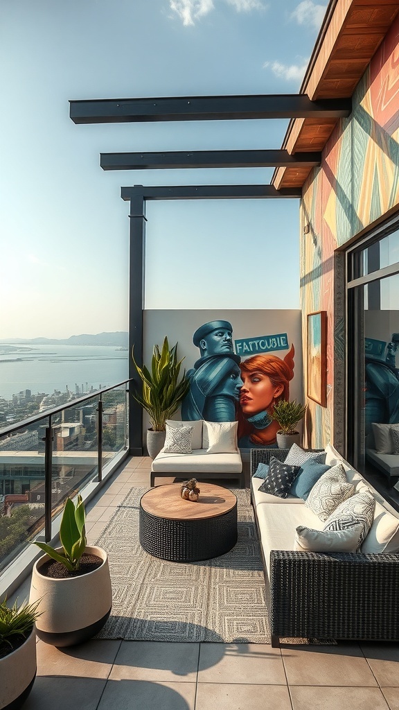 Eine stilvolle Dachterrasse mit einer beeindruckenden Wandmalerei und modernen Möbeln.