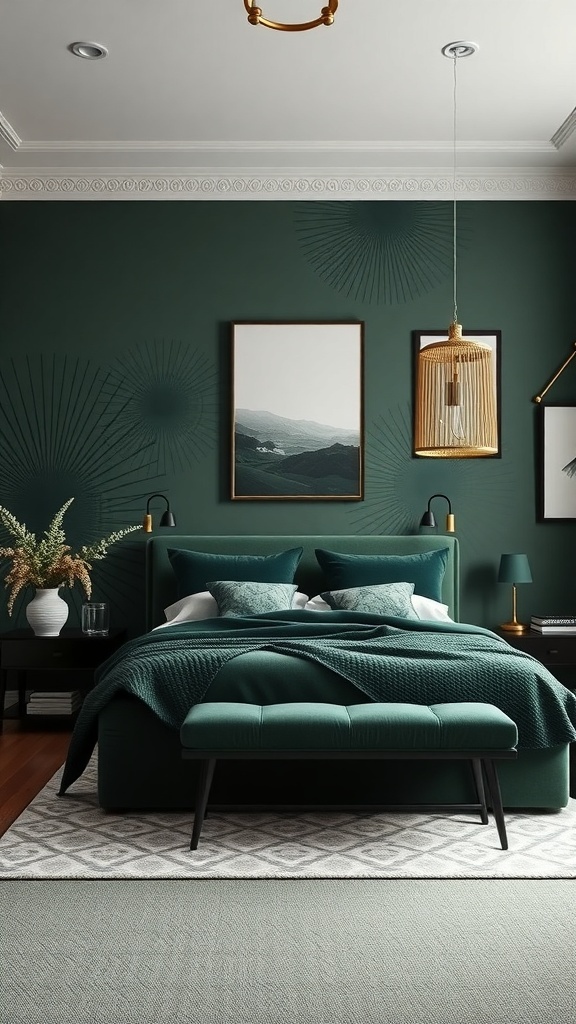 Schlafzimmer mit dunkelgrüner Wandgestaltung, eleganter Bettwäsche und kreativen Wandmustern