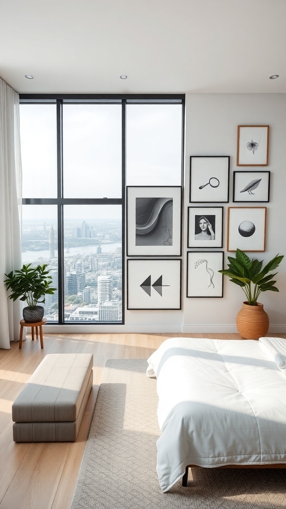 Minimalistischer Raum mit Kunstwerken an der Wand und Blick auf die Stadt