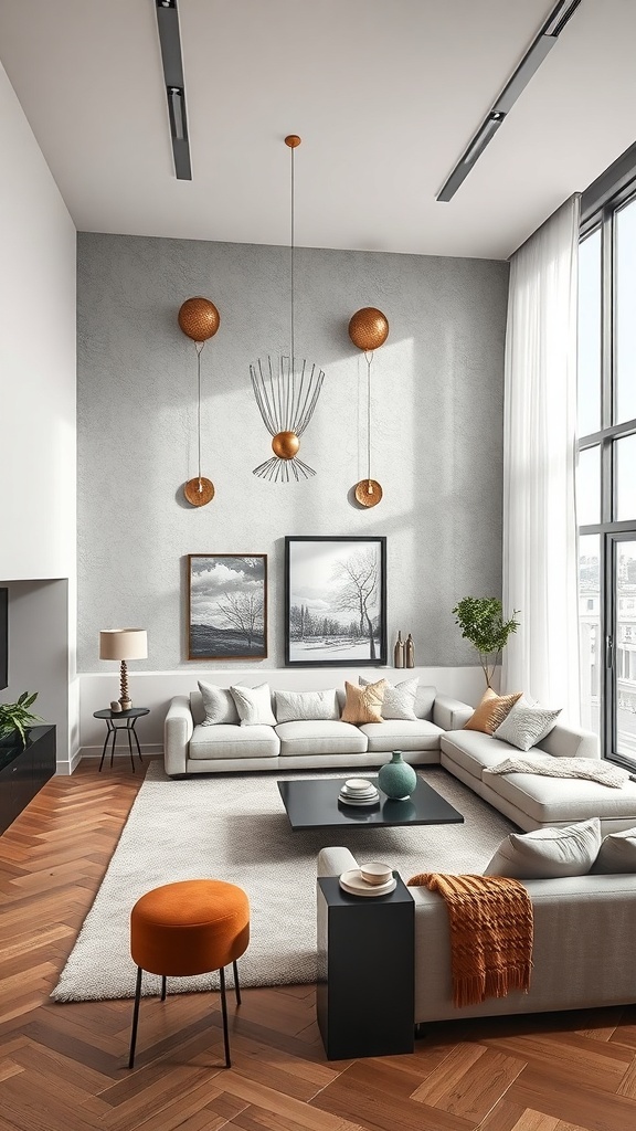 Luxuriöses Wohnzimmer mit kunstvoller Wandgestaltung und modernen Möbeln