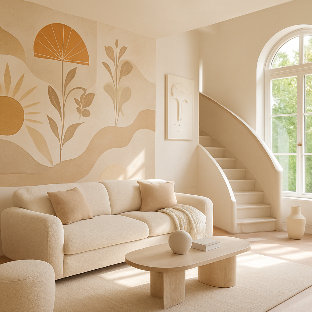 Modernes Wohnzimmer mit kunstvoller Wandgestaltung und hellem Sofa