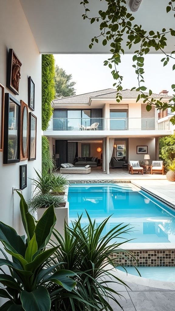 Moderne Innenansicht mit Pflanzen und Pool, kreative Wandgestaltungen