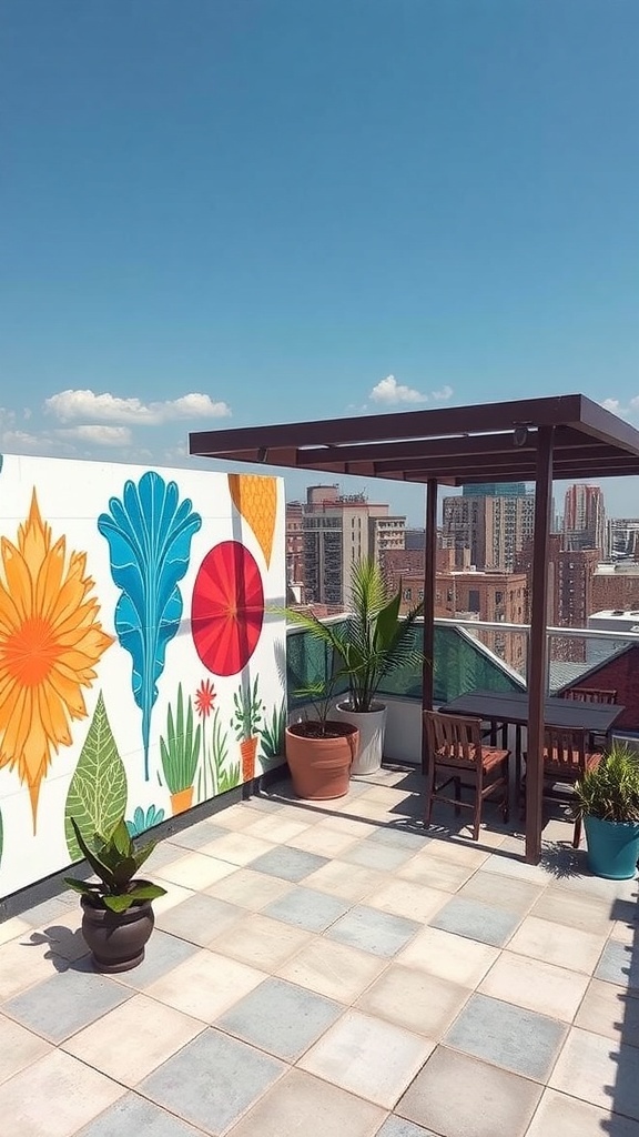 Eine Dachterrasse mit bunten Wandmalereien, gemütlichen Möbeln und Pflanzen.