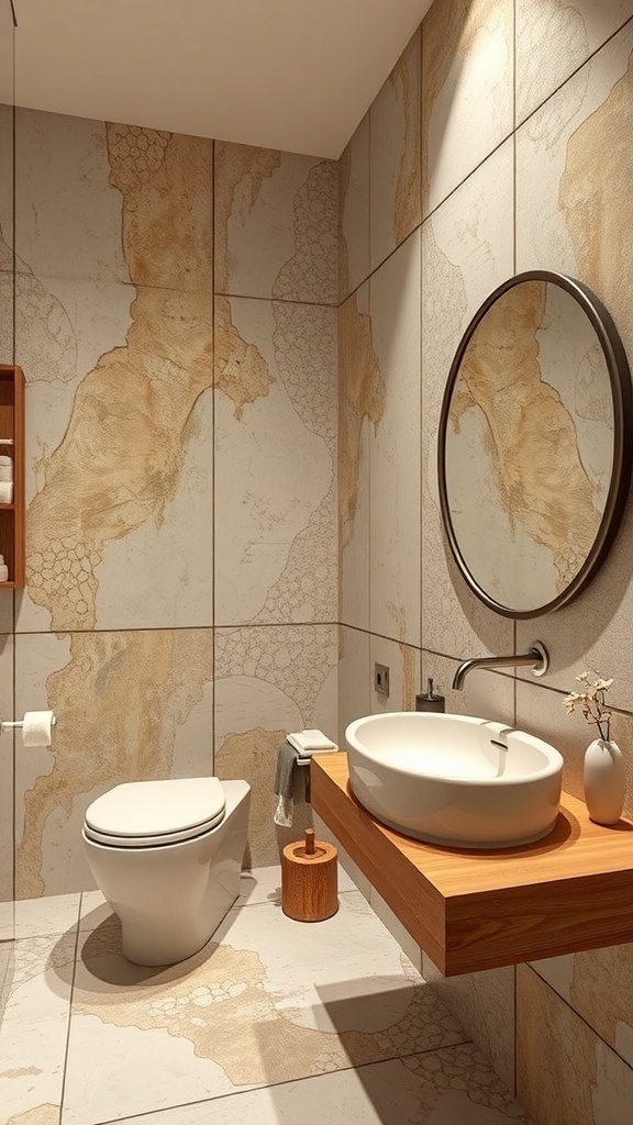 Modernes Badezimmer mit marmorierten Wänden, freistehender Badewanne und großem Fenster