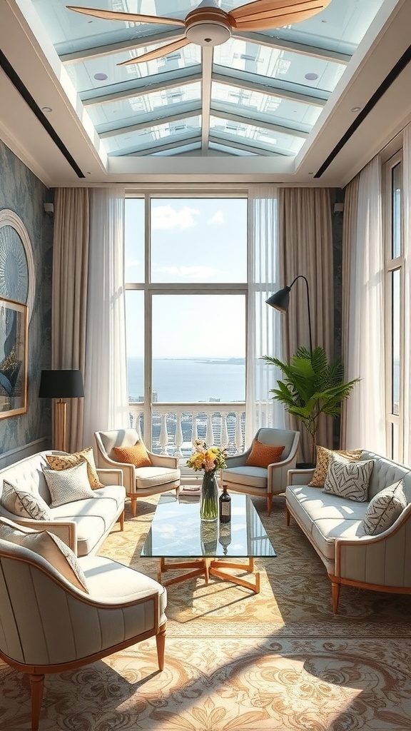 Elegantes Wohnzimmer mit kunstvoller Wandgestaltung und viel Tageslicht