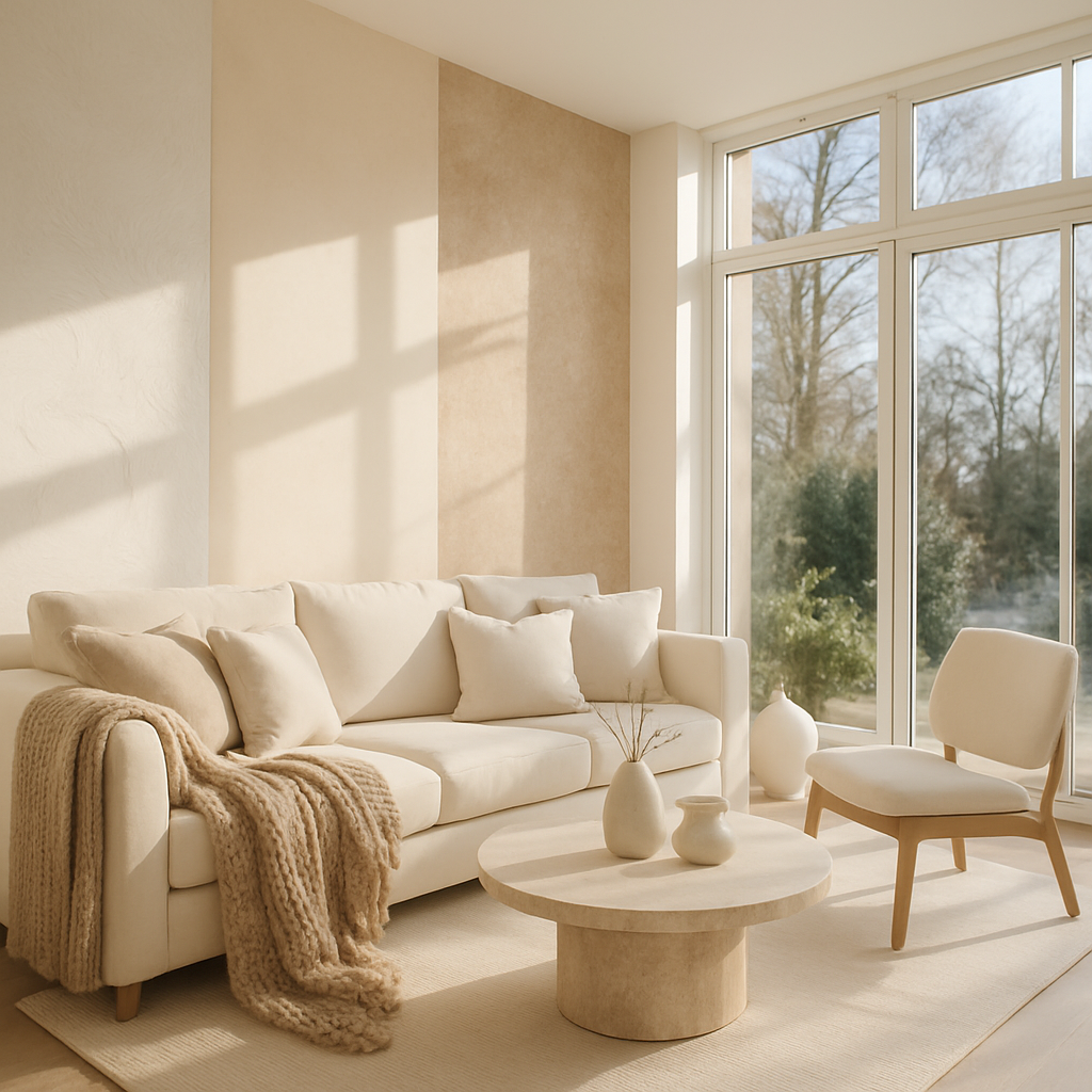 Heller Wintergarten mit beigen Wänden, einem gemütlichen Sofa und großen Fenstern