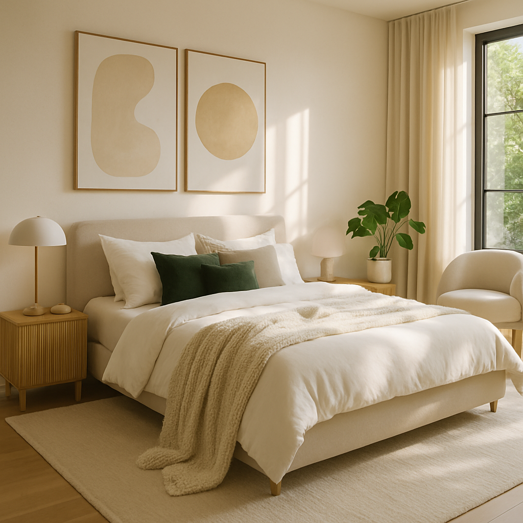 Luxuriöses Schlafzimmer mit kunstvollen Wandgestaltungen und modernen Möbeln