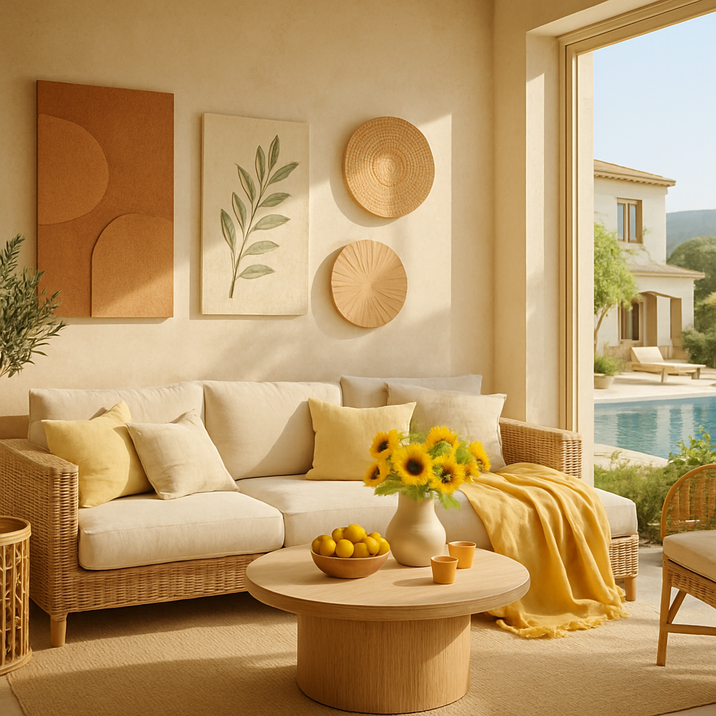 Helle Wohnlandschaft mit Kunstwerken an der Wand und einem gemütlichen Sofa