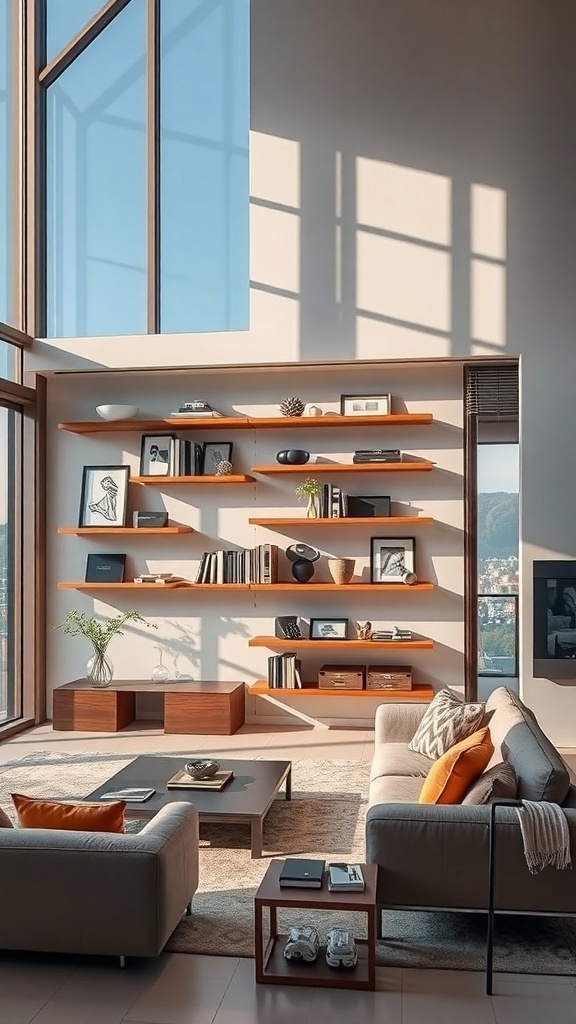 Modernes Wohnzimmer mit kunstvollen Wandregalen aus Holz, die Bücher und Dekoration präsentieren.