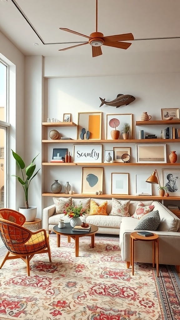 Ein stilvolles Wohnzimmer mit kunstvollen Wandregalen, die mit verschiedenen dekorativen Elementen gefüllt sind.