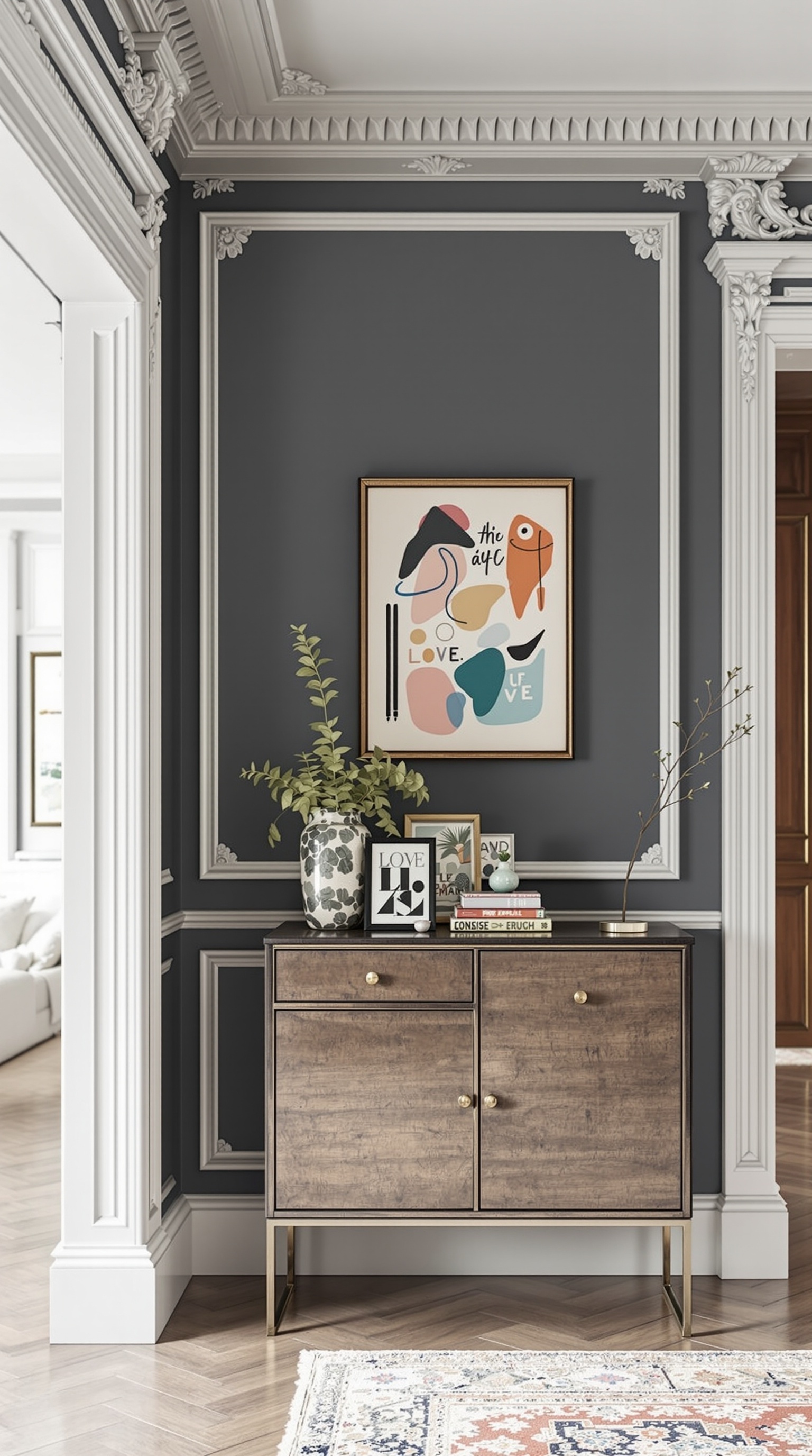 Elegantes Wohnzimmer mit kunstvollen Wandverkleidungen und verschiedenen Kunstwerken