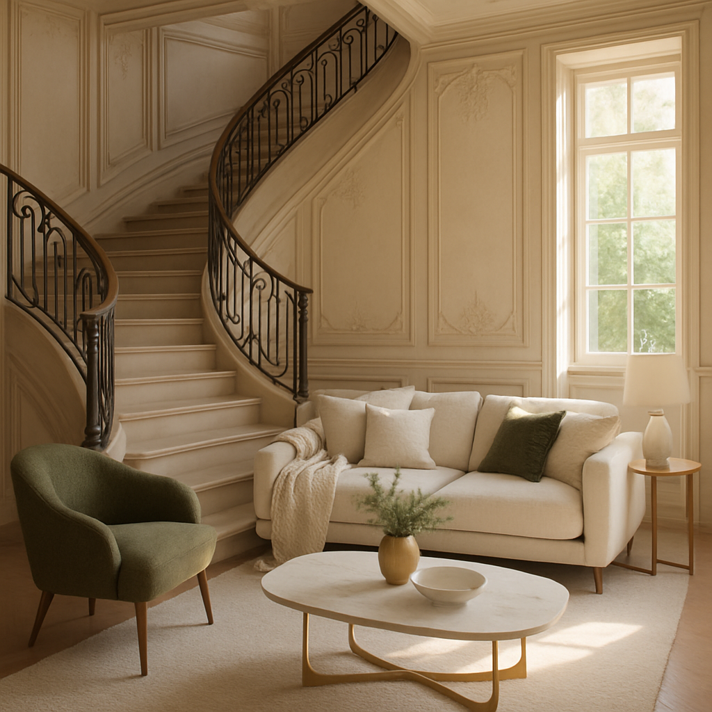 Elegantes Wohnzimmer mit kunstvollen Wandverkleidungen und geschwungener Treppe